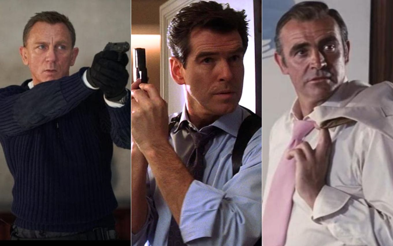 Daniel Craig, Pierce Brosnan e Sean Connery em cenas do filme 007