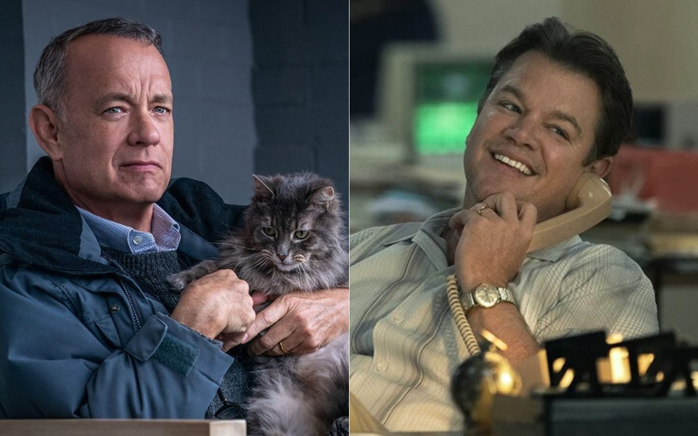 Filmes para assistir online: Montagem de fotos com Tom Hanks em O Pior Vizinho do Mundo e Matt Damon em Air