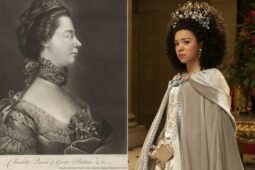 Montagem de fotos com Rainha Charlotte nos arquivos do Palácio de Buckingham (à esq.) x rainha Charlotte na série Netflix