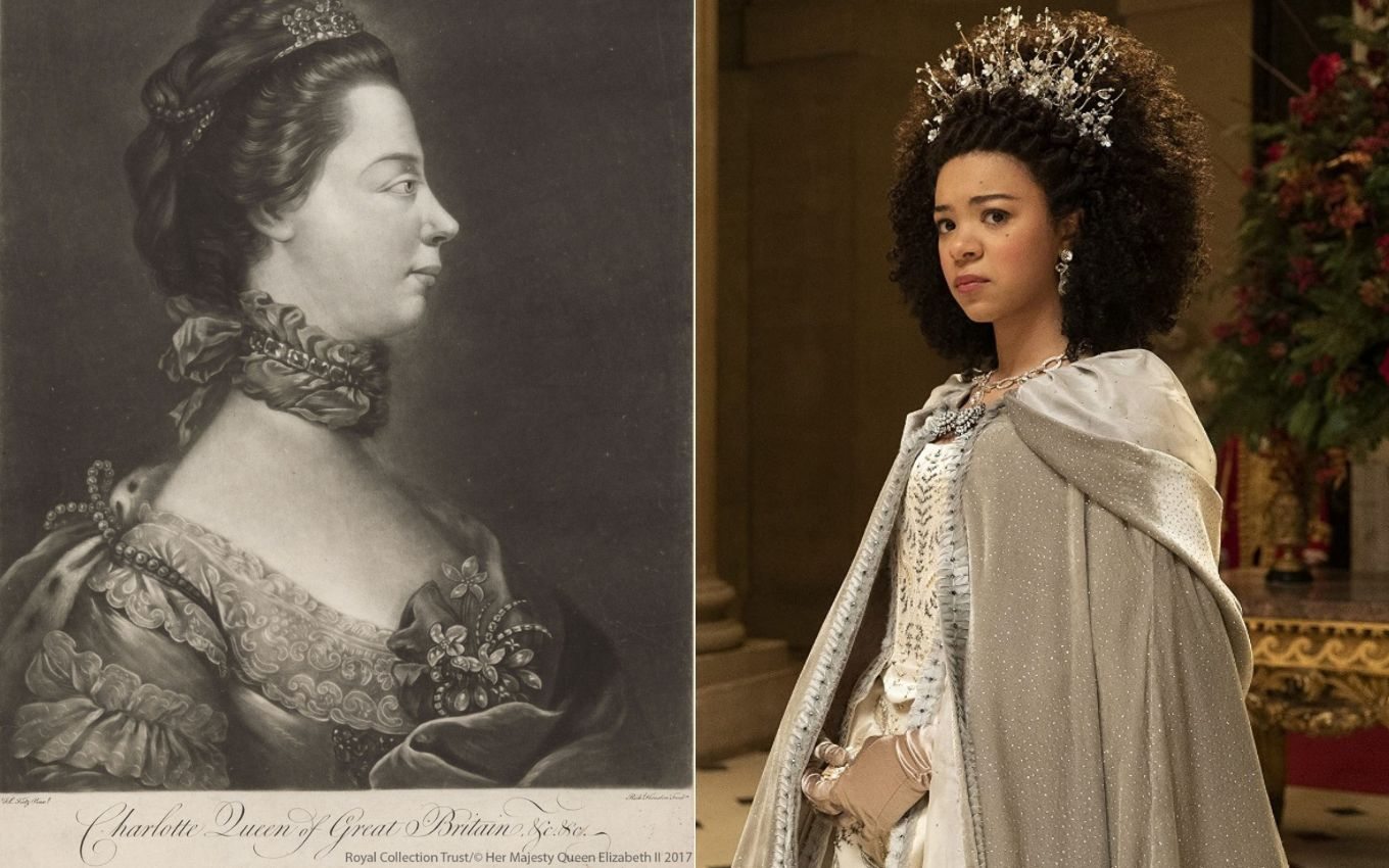 Montagem de fotos com Rainha Charlotte nos arquivos do Palácio de Buckingham (à esq.) x rainha Charlotte na série Netflix