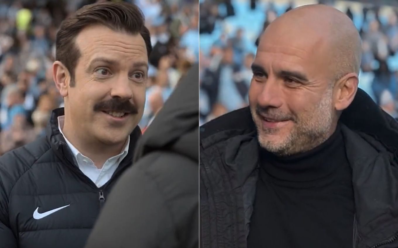 Jason Sudeikis e Ped Guardiola em cena da 3ª temporada de Ted Lasso, na Apple TV+