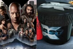 Montagem de fotos com cartaz de Velozes e Furiosos 10 com balde de pipoca da Cinépolis
