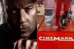 Montagem de fotos com Vin Diesel e copo do Cinemark no combo sem balde de pipoca