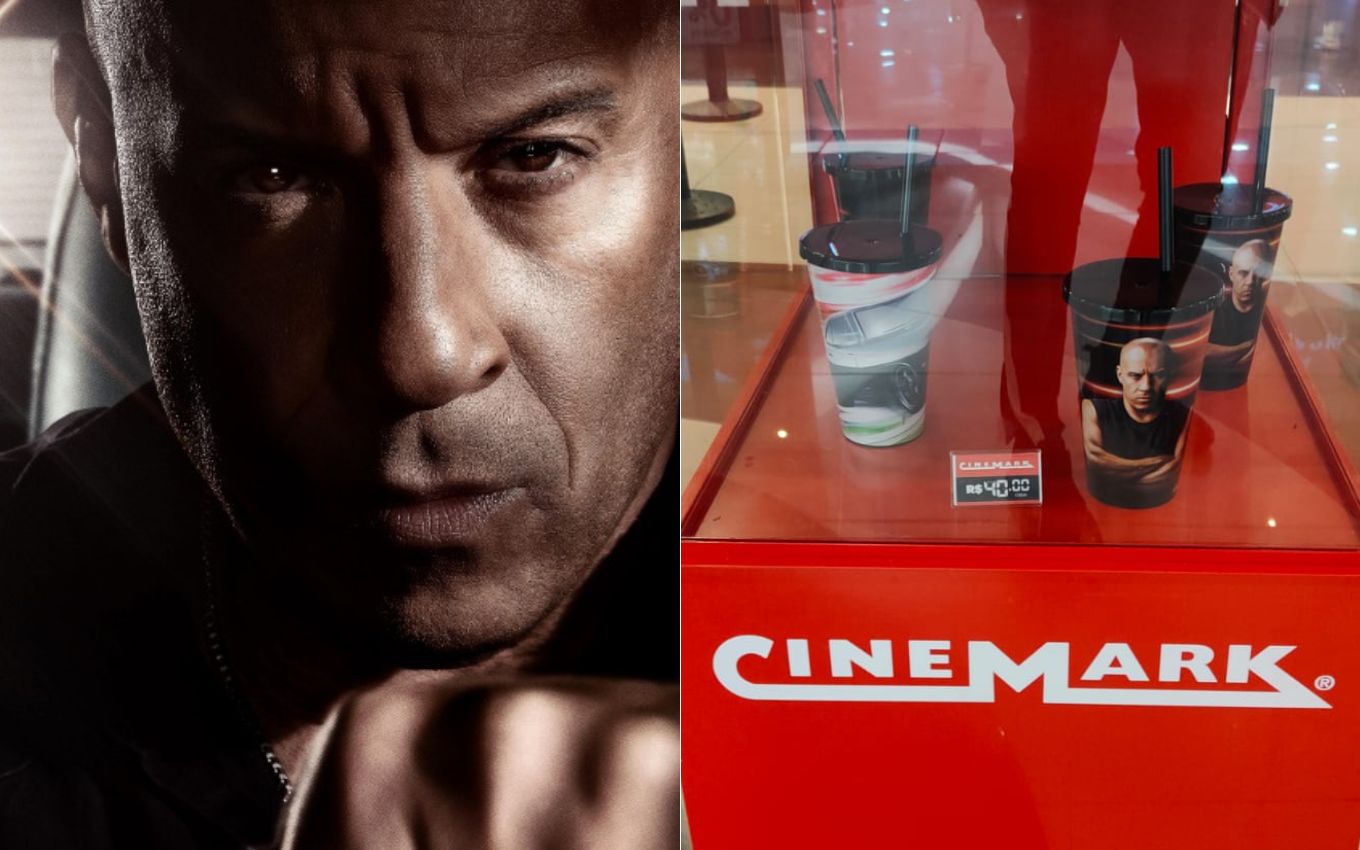 Montagem de fotos com Vin Diesel e copo do Cinemark no combo sem balde de pipoca