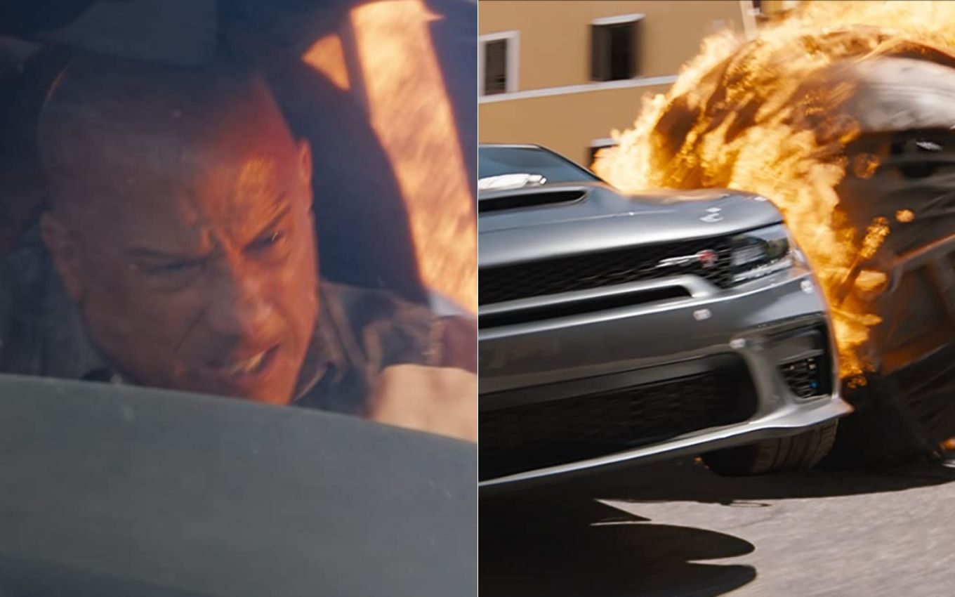 Dom (Vin Diesel) em cena de explosão de Velozes e Furiosos 10, que está em cartaz nos cinemas