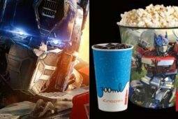 Montagem de fotos com cena de Transformers: O Despertar das Feras e balde de pipoca do filme na rede de cinema Kinoplex