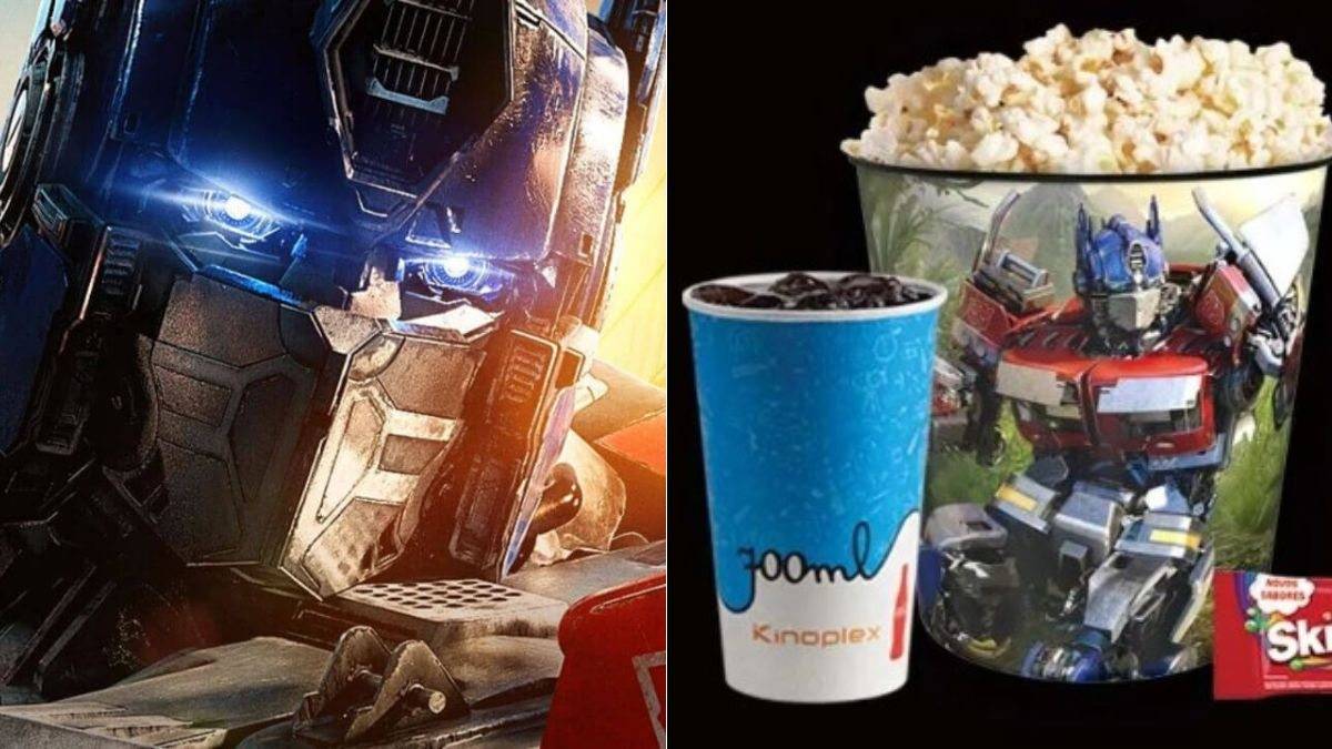 Montagem de fotos com cena de Transformers: O Despertar das Feras e balde de pipoca do filme na rede de cinema Kinoplex