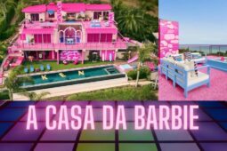 Imagens da Casa da Barbie em Malibu, com uma personalização escrito Casa da Barbie por cima das fotos