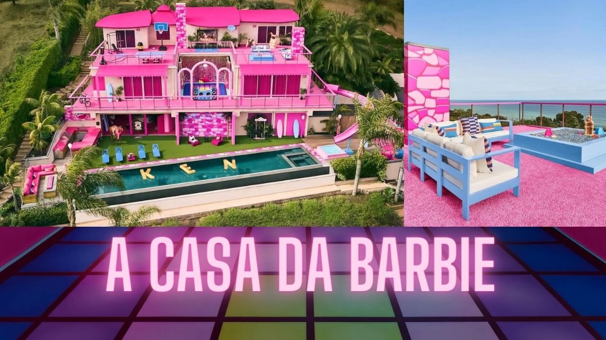 Imagens da Casa da Barbie em Malibu, com uma personalização escrito Casa da Barbie por cima das fotos