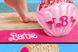 Montagem de fotos com combos de balde de pipoca da Barbie disponíveis nos cinemas