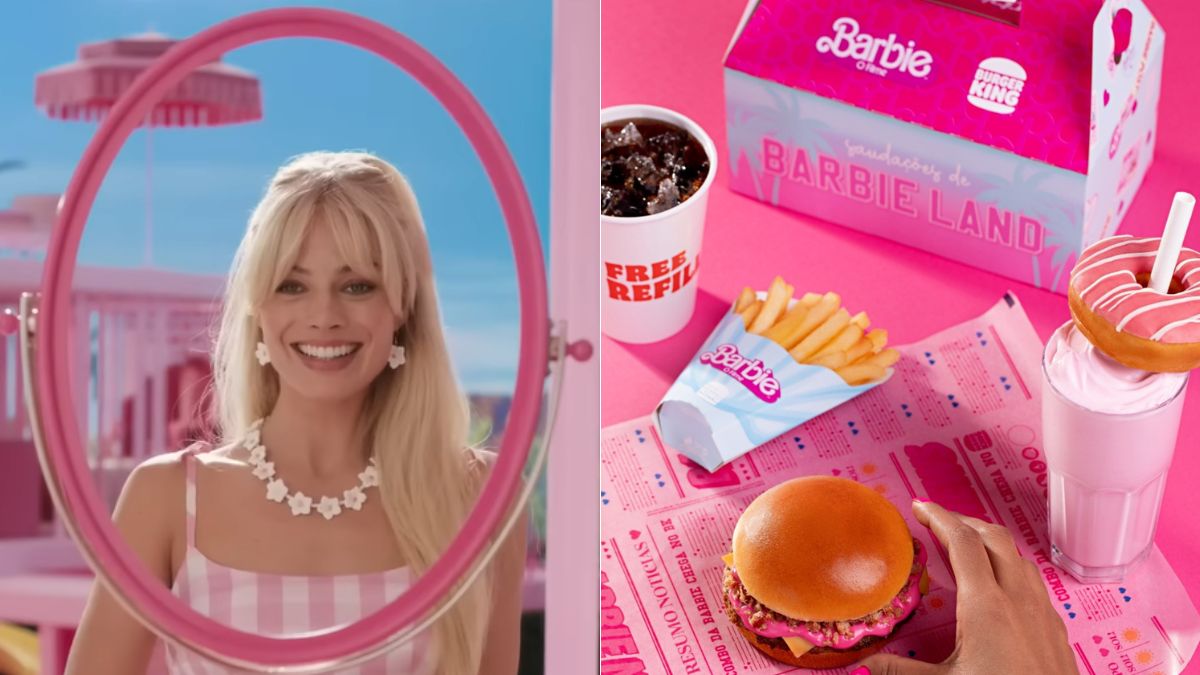 Montagem de fotos com cena do filme e combo do Burger King da Barbie