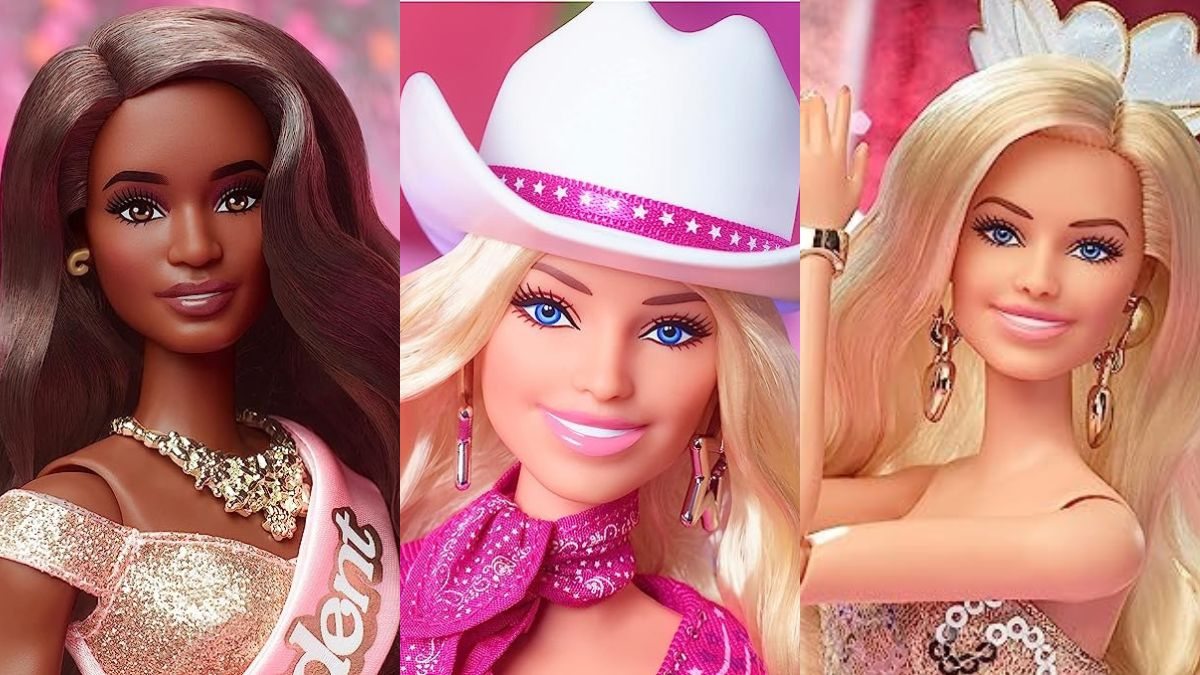 Montagem de fotos com bonecas da Barbie, que têm edições especiais do filme de 2023