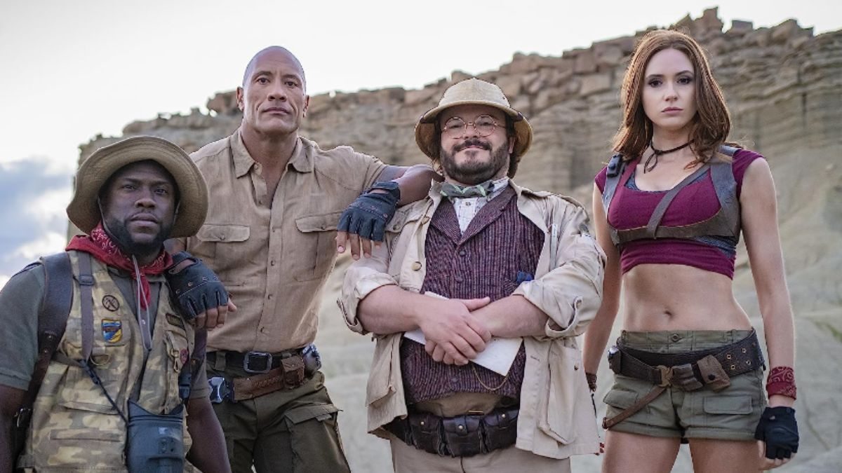 Kevin Hart, Dwayne Johnson, Jack Black e Karen Gillan em cena do filme Jumanji