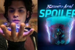 Xolo Maridueña em Besouro Azul e balde de pipoca do cinema Cinesystem