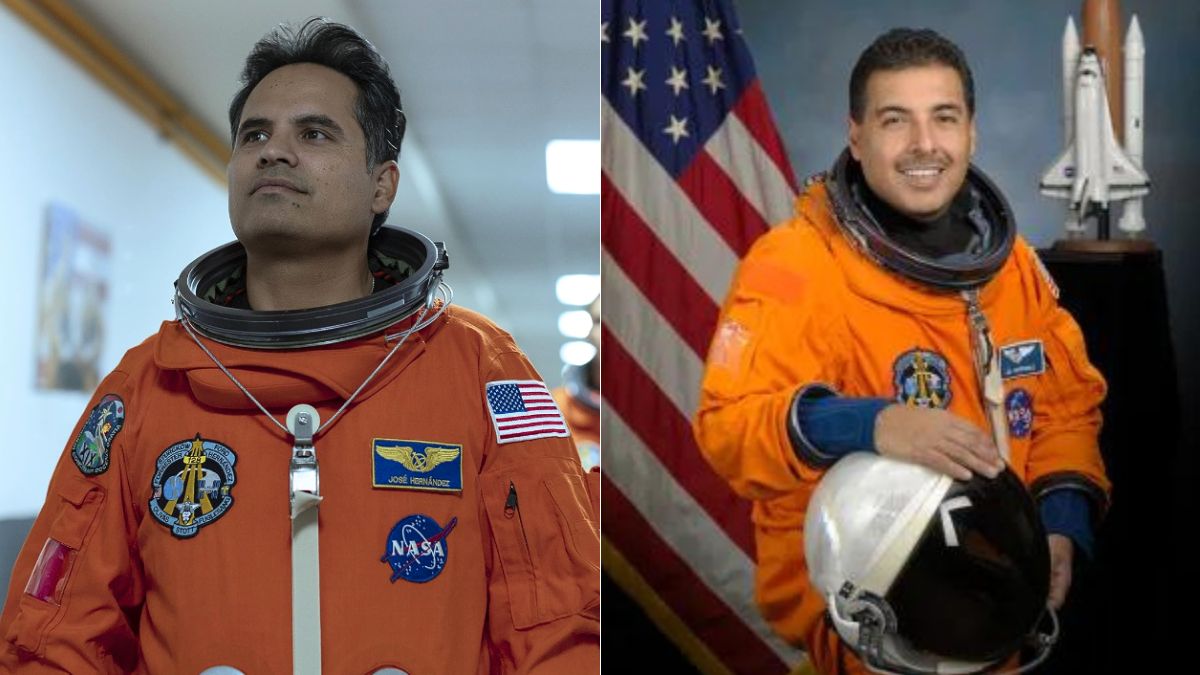 Michael Peña em A Milhões de Quilômetros e o José Hernández real em foto na NASA