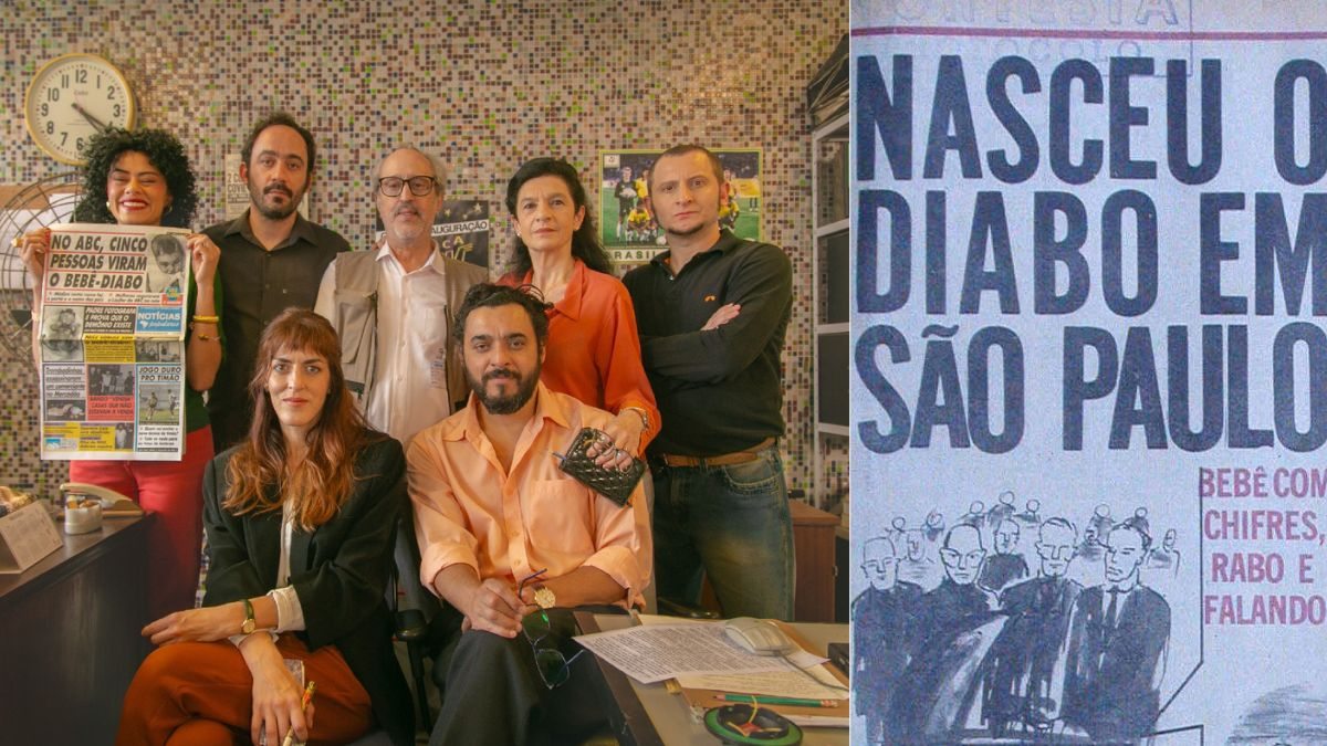 Elenco da série Notícias Populares, do Canal Brasil, o jornal do Bebê-Diabo