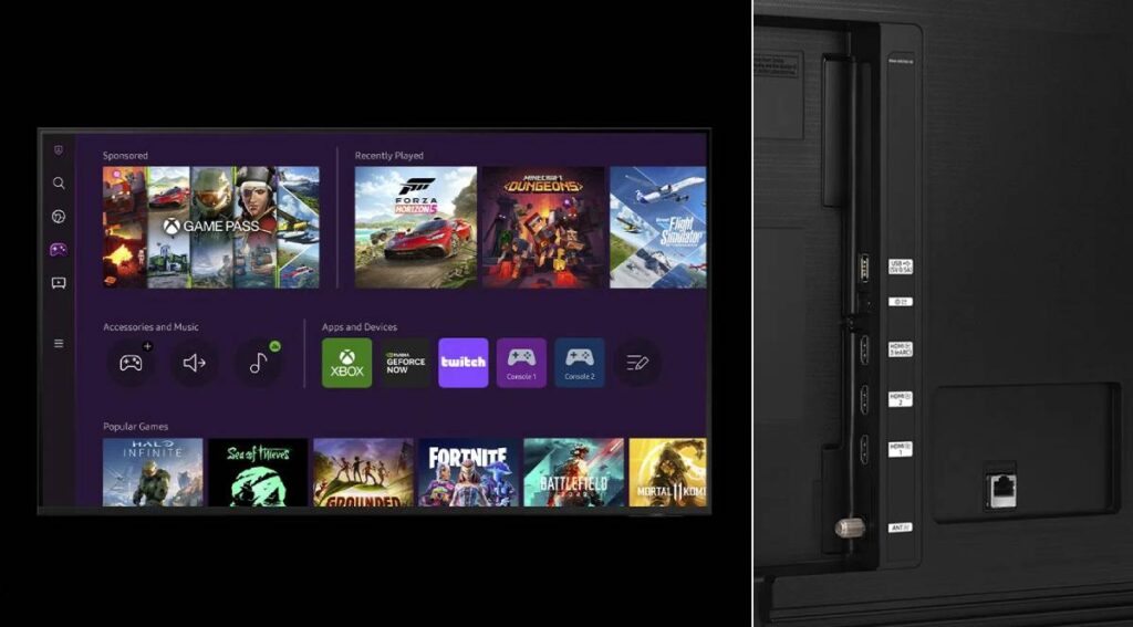 Tela dividida. À esquerda, captura de tela do Samsung Gaming Hub. À direita, detalhe da parte lateral da Smart TV, com destaque para as entradas.