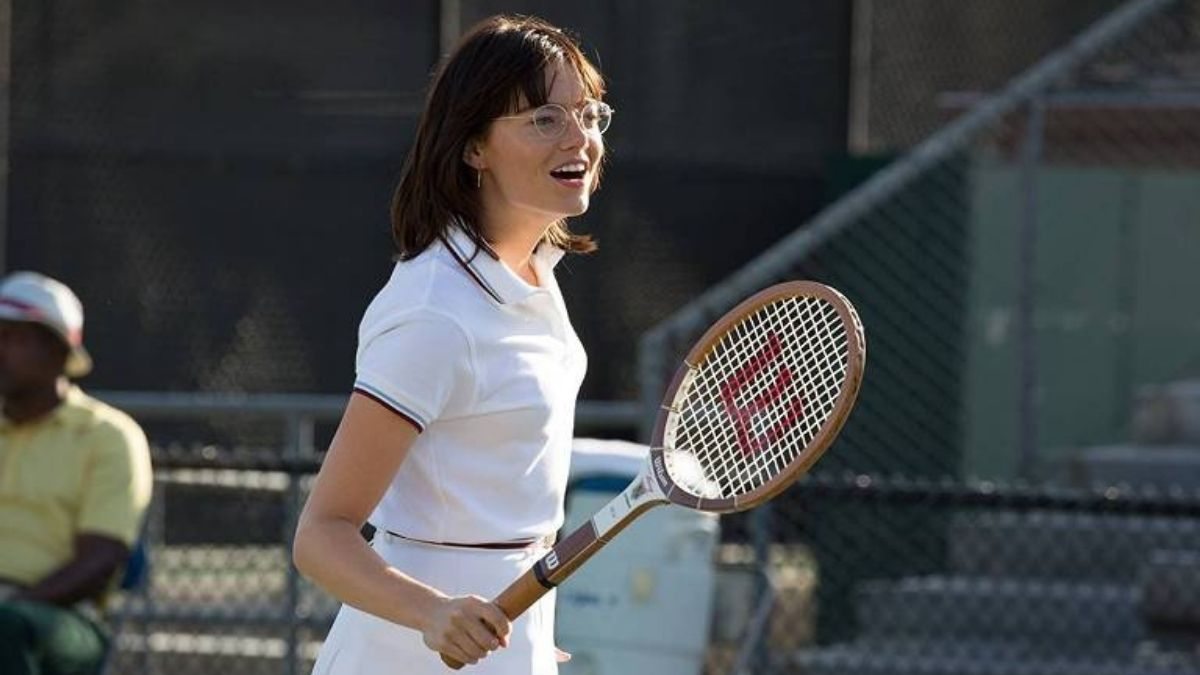 Cena do filme A Guerra dos Sexos, de 2017, com Emma Stone vive a famosa jogadora de tênis Billie Jean King