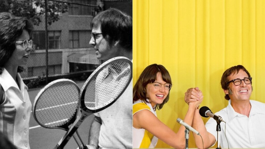 Billie Jean King e Bobby Riggs antes do jogo A Guerra dos Sexos