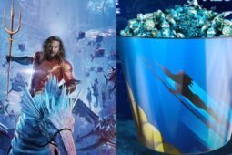 Montagem de fotos com Jason Momoa em Aquaman 2 e imagem do balde de pipoca do cinema