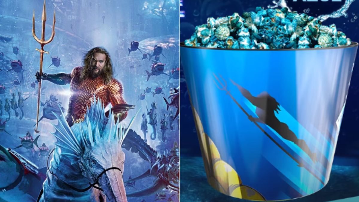 Montagem de fotos com Jason Momoa em Aquaman 2 e imagem do balde de pipoca do cinema