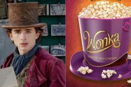 Timothée Chalamet em Wonka ao lado do balde de pipoca Kinoplex