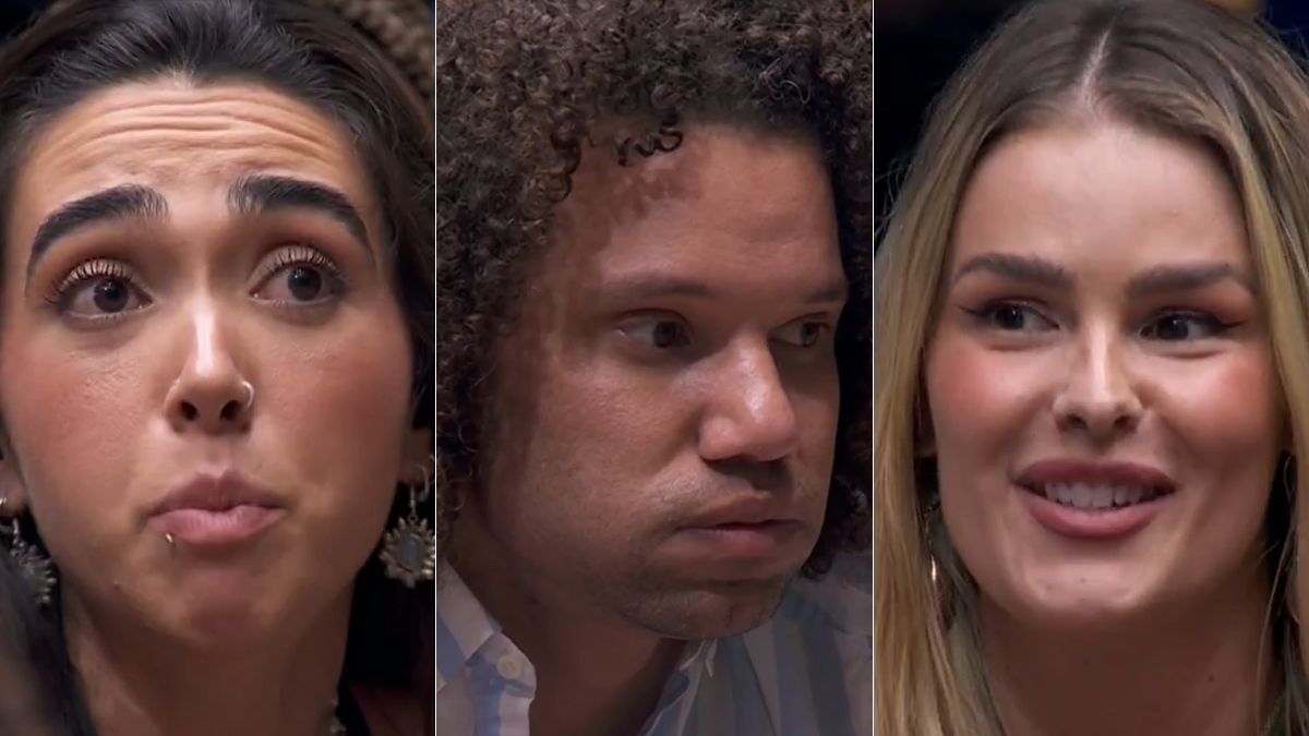 Montagem de fotos para ilustrar como está botação do BBB 24, com Giovanna, Maycon e Yasmin