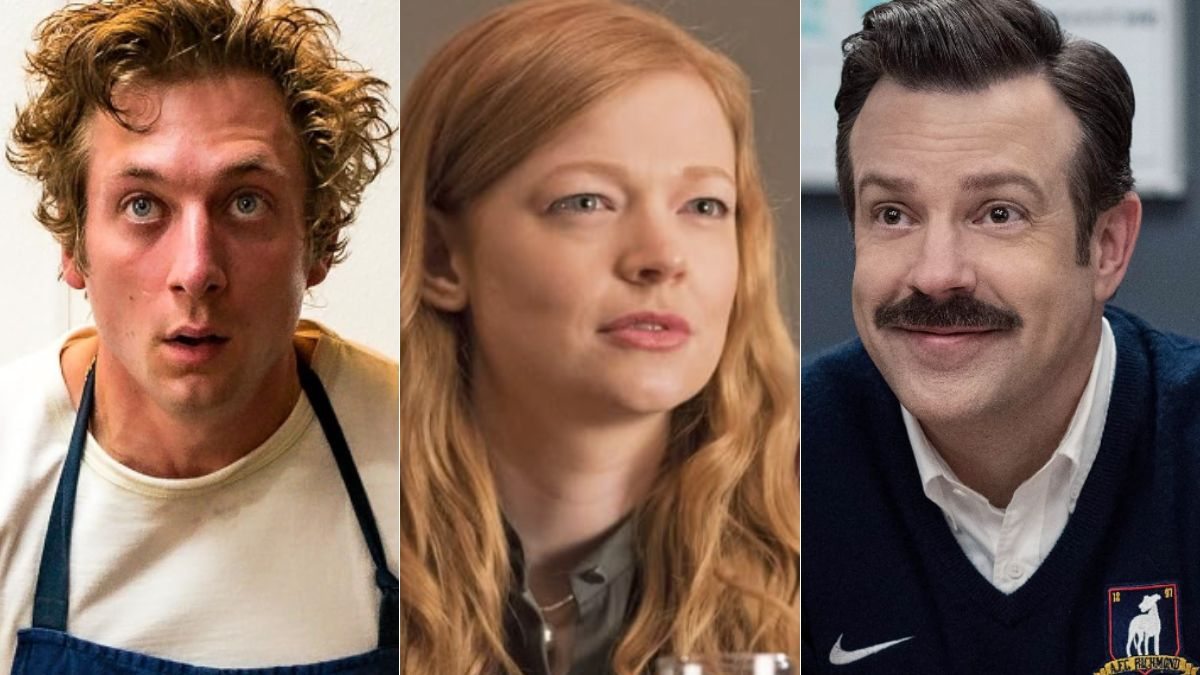 Montagem de fotos com Jeremy Allen White em O Urso, Sarah Snook em Succession e Jason Sudeikis em Ted Lasso