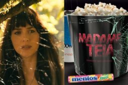 Montagem de fotos com Dakota Johnson em Madame Teia e balde de pipoca no combo Kinoplex